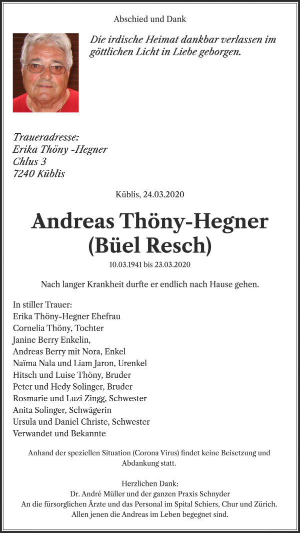 Todesanzeige von Andreas Th&ouml;ny-Hegner (B&uuml;el Resch), K&uuml;blis