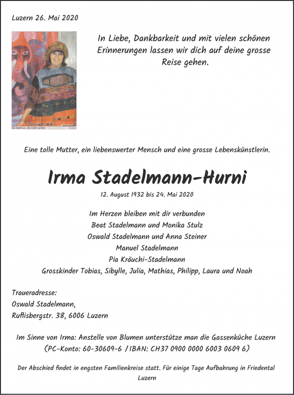 Todesanzeige von Irma Stadelmann-Hurni, Emmenbr&uuml;cke