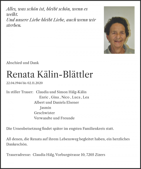 Todesanzeige von Renata K&auml;lin-Bl&auml;ttler, Zizers