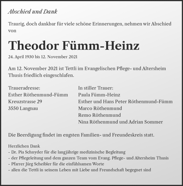 Todesanzeige von Theodor F&uuml;mm-Heinz, Am Bach (Avers)