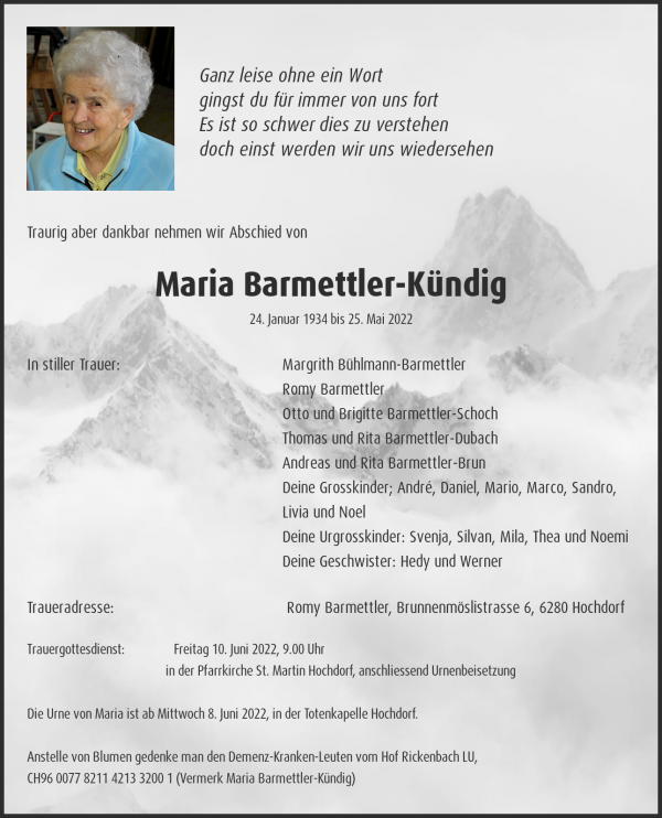 Todesanzeige von Maria Barmettler-K&uuml;ndig, Hochdorf