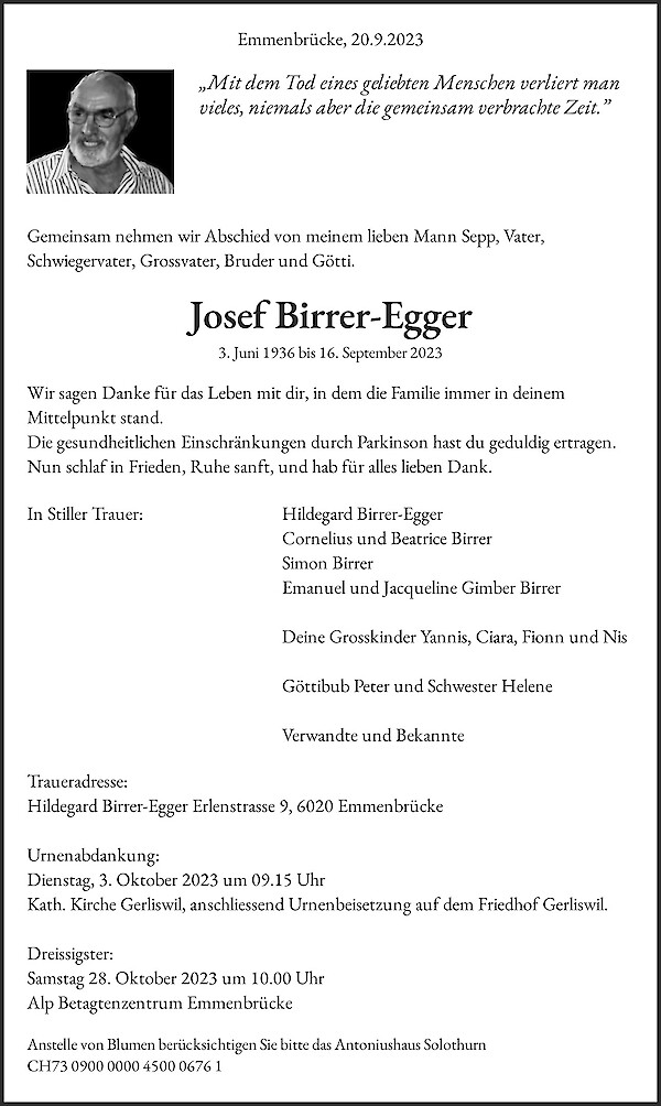 Todesanzeige von Josef Birrer-Egger, Emmenb&uuml;cke
